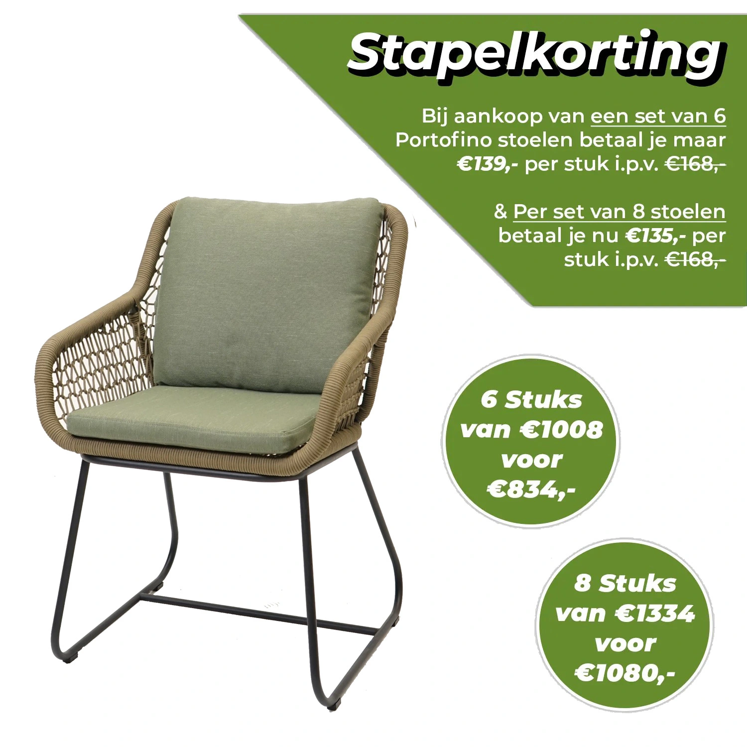 Dining Tuinstoel Portofino Olijf Groen met Groene Kussens Touw Stoel Buiten Tuin