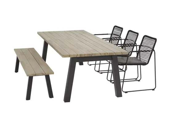 Diningset Derby 240 cm + sportbench + 3 Elba stapelbare tuinstoelen