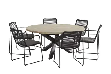 Diningset Louvre 160 cm rond + 6 Elba stapelbare tuinstoelen