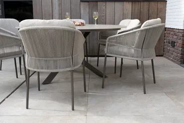 Donato Ø160 cm met 6x Florence dining stoel terre sfeer, 4 Seasons Outdoor, tuinmeubels.nl
