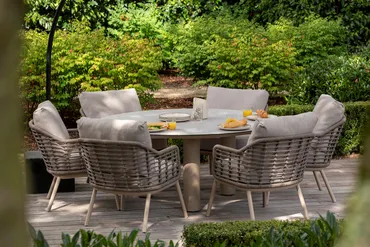 Donato Ø160 cm met 6x Puglia low dining latte sfeer, 4 Seasons Outdoor, tuinmeubels.nl