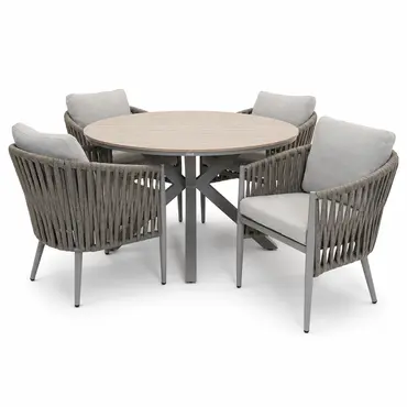 Edison tafel Ø122 cm taupe/teak met 4 Teromos dining stoelen sfeer, Garden Impressions, tuinmeubels.nl