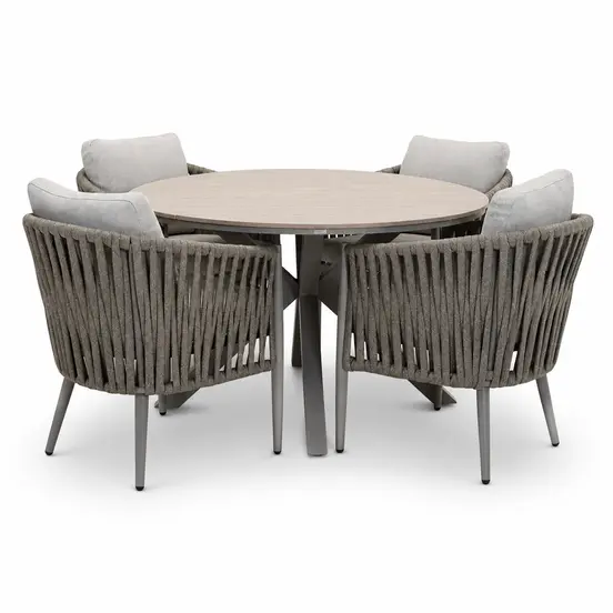 Edison tafel Ø122 cm taupe/teak met 4 Teromos dining stoelen , Garden Impressions, tuinmeubels.nl