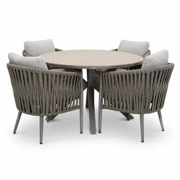 Edison tafel Ø122 cm taupe/teak met 4 Teromos dining stoelen , Garden Impressions, tuinmeubels.nl