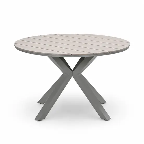 Edison tafel Ø122 cm taupe/teak met 4 Teromos dining stoelen enkele tafel, Garden Impressions, tuinmeubels.nl