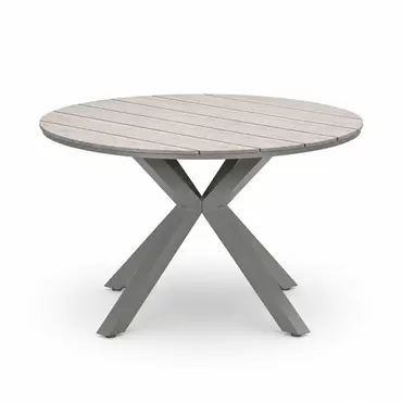 Edison tafel Ø122 cm taupe/teak met 4 Teromos dining stoelen enkele tafel, Garden Impressions, tuinmeubels.nl