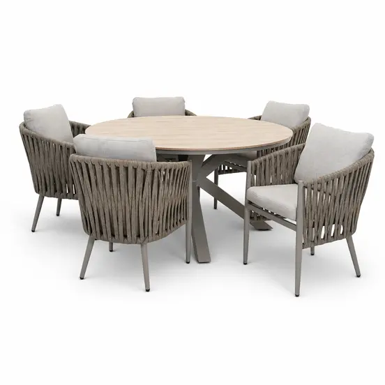 Edison tafel Ø148 cm taupe/teak met 5 Teromos dining stoelen, Garden Impressions, tuinmeubels.nl
