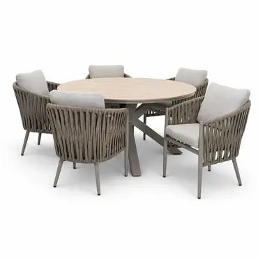 Edison tafel Ø148 cm taupe/teak met 5 Teromos dining stoelen, Garden Impressions, tuinmeubels.nl