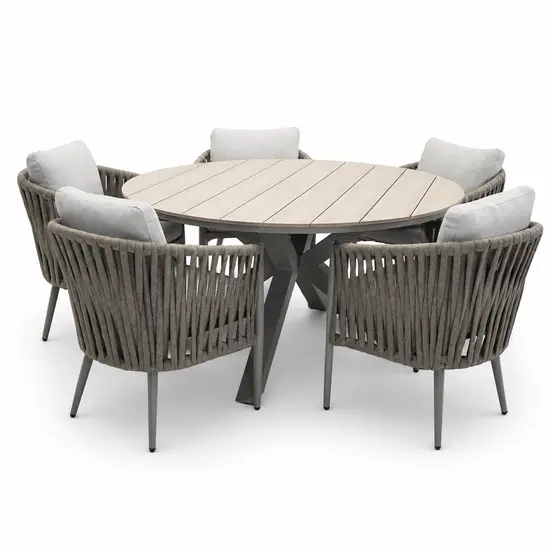 Edison tafel Ø148 cm sfeer taupe/teak met 5 Teromos dining stoelen, Garden Impressions, tuinmeubels.nl