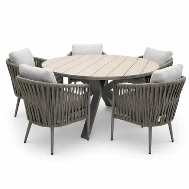 Edison tafel Ø148 cm sfeer taupe/teak met 5 Teromos dining stoelen, Garden Impressions, tuinmeubels.nl