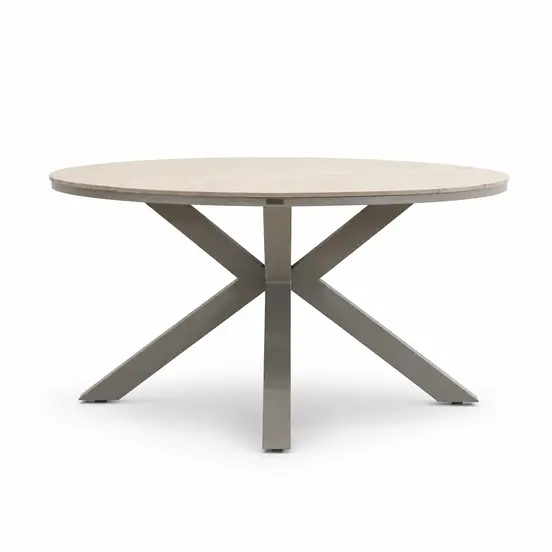 Edison tafel Ø148 cm tafel taupe/teak met 5 Teromos dining stoelen, Garden Impressions, tuinmeubels.nl