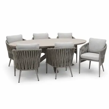 Edison tafel met 6 dining stoelen sfeer 220x115xH75cm, taupeteak, Garden Impressions, tuinmeubels.nl