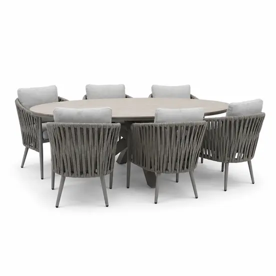 Edison tafel met 6 dining stoelen 220x115xH75cm, taupeteak, Garden Impressions, tuinmeubels.nl