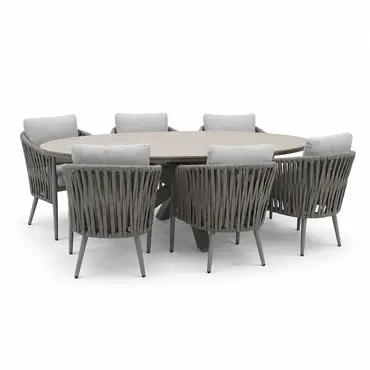 Edison tafel met 6 dining stoelen 220x115xH75cm, taupeteak, Garden Impressions, tuinmeubels.nl
