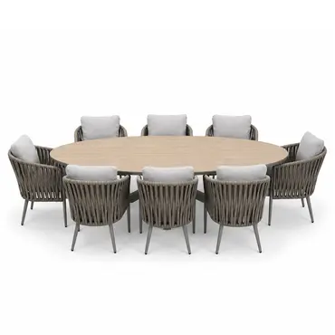 Edison tafel 280x140xH75 cm set, taupe/light teak met 8 Teromos dining stoelen,  Garden Impressions, tuinmeubels.nl
