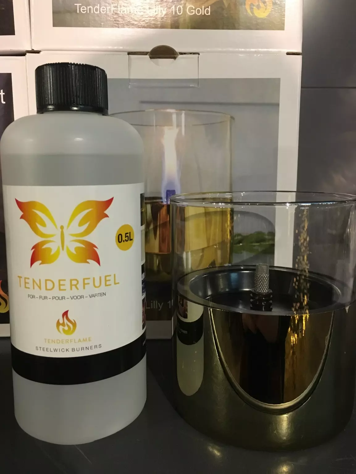 Tenderflame Giftbox Goud (= Lilly 10cm Goud + 0,5L Fuel)