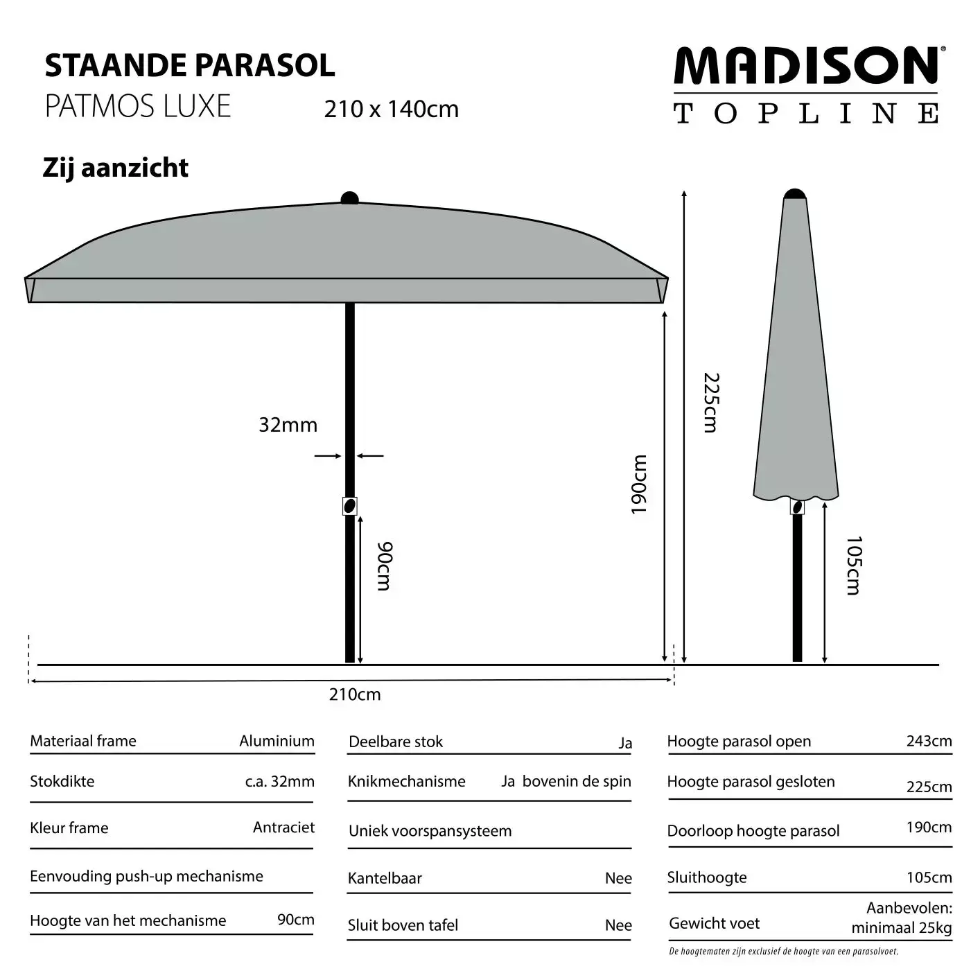 Tram Versterker helpen Grote Luxe Parasol Patmos 210x140 cm Ecru van Madison - Tuinmeubels.nl
