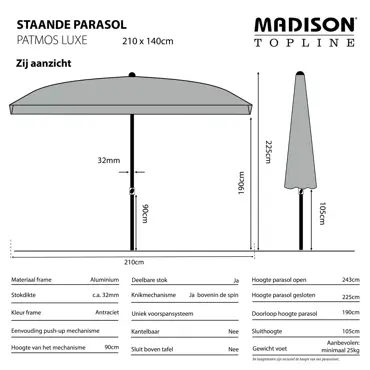 Parasol Patmos Luxe uitgetekend, Madison, tuinmeubels