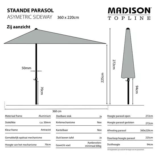 Parasol asymmetrisch l360xb220cm lichtgrijs, Madison, www.tuinmeubels.nl