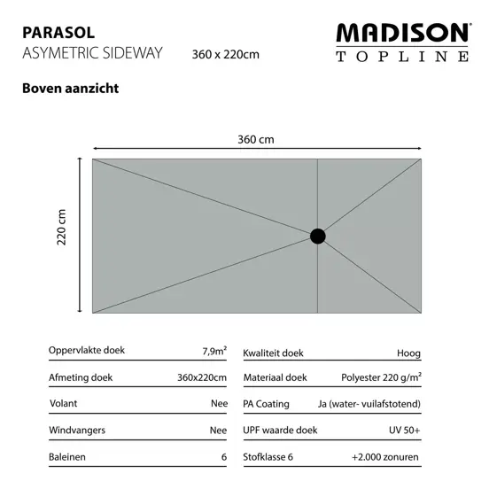 Parasol asymmetrisch l360xb220cm lichtgrijs, Madison, www.tuinmeubels.nl