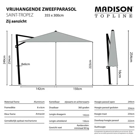 Parasol Saint-Tropez uitgetekend, Madison, tuinmeubels.nl