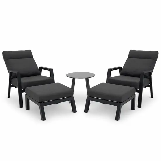 Loungeset Ohio antraciet met 2 down town voetenbankjes en tafeltje stand, VITA tuinmeubelen, tuinmeubels.nl