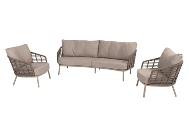 Puglia 3-zits loungeset bench organic latte + 2x loungestoelen, 4 Seasons Outdoor, tuinmeubels.nl