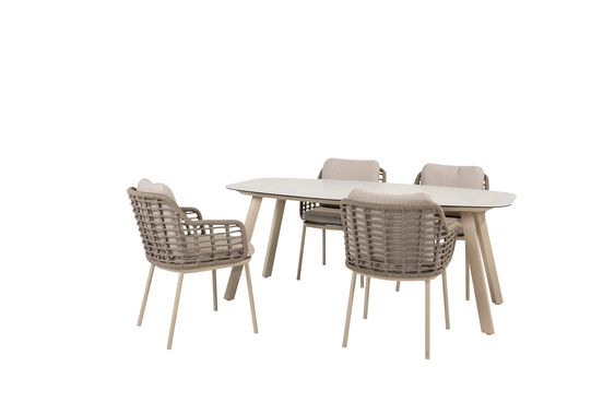 Manolo 180x95x75 cm met 4x Puglia dining stoel latte schuin, 4 Seasons Outdoor, tuinmeubels.nl
