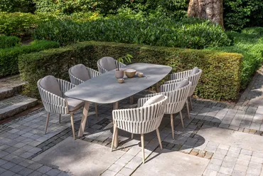 Manolo 240x103x75 cm met 6x Eva dining stoel latte sfeerbeeld, 4 Seasons Outdoor, tuinmeubels.nl
