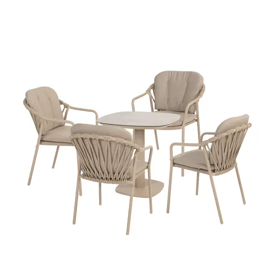 Manolo tafel 75x75x75 cm met 4 Manitoba stoelen latte, 4 Seasons Outdoor, tuinmeubels.nl