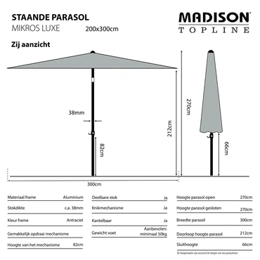 Parasol mikros 200x300cm taupe - afbeelding 2