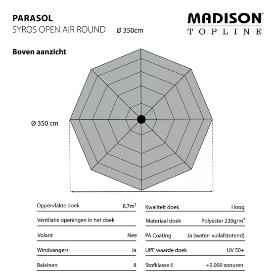 Parasol Syros Open Air uitgetekend 2, Madison, tuinmeubels.nl