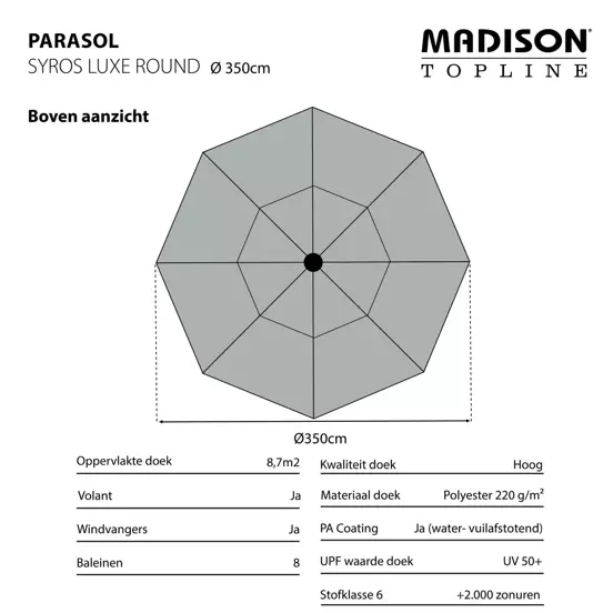 Parasol Syros Luxe uitgetekend 2, Madison, tuinmeubels.nl