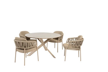Prado ⌀130cm latte met 4x Calma dining stoel, 4 Seasons Outdoor, tuinmeubels.nl