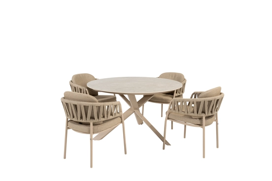 Prado ⌀130cm latte met 4x Calma dining stoel set, 4 Seasons Outdoor, tuinmeubels.nl