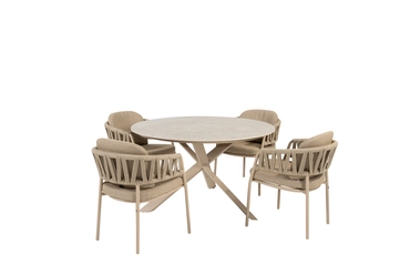 Prado ⌀130cm latte met 4x Calma dining stoel set, 4 Seasons Outdoor, tuinmeubels.nl