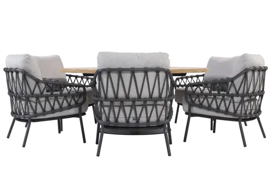 Saba tafel Ø160x69cm met 6 Calpi stoelen achter stoelen, 4 Seasons Outdoor, tuinmeubels