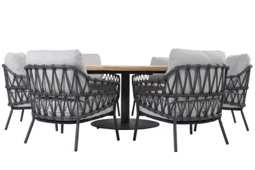 Saba tafel Ø160x69cm met 6 Calpi stoelen laag, 4 Seasons Outdoor, tuinmeubels