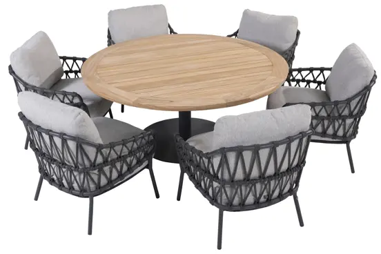 Saba tafel Ø160x69cm met 6 Calpi stoelen boven, 4 Seasons Outdoor, tuinmeubels