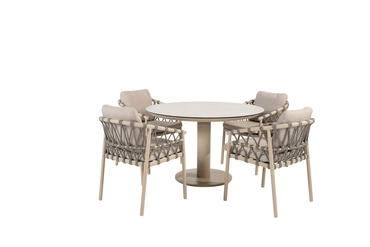 Sarah Ø120 cm met 4x Piacenza dining stoel latte, 4 Seasons Outdoor, tuinmeubels.nl