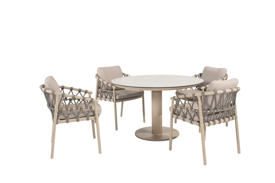 Sarah Ø120 cm met 4x Piacenza dining stoel latte set, 4 Seasons Outdoor, tuinmeubels.nl