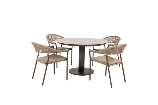 Sarah Ø120 cm met 4x Sienna dining stoel terre, 4 Seasons Outdoor, tuinmeubels.nl