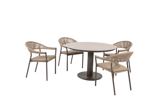 Sarah Ø120 cm met 4x Sienna dining stoel terre schuin, 4 Seasons Outdoor, tuinmeubels.nl