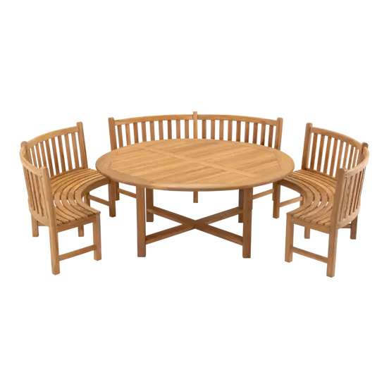 Tafel teak ø180 met 3x ronde parkbank, Lesli Living, Tuinmeubels