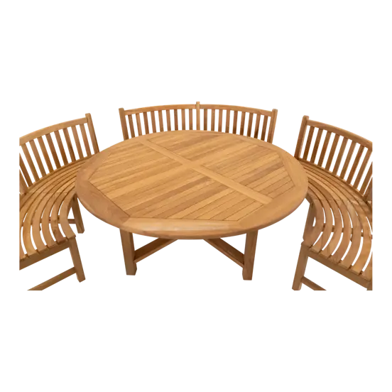 Tafel teak ø180 met 3x ronde parkbank dichtbij, Lesli Living, Tuinmeubels