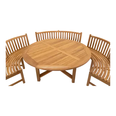 Tafel teak ø180 met 3x ronde parkbank dichtbij, Lesli Living, Tuinmeubels