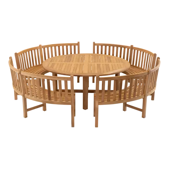 Tafel teak ø180 met 4x ronde parkbank, Lesli Living, Tuinmeubels