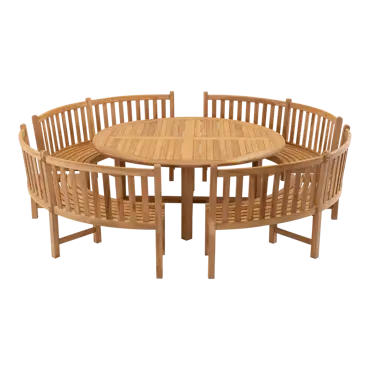 Tafel teak ø180 met 4x ronde parkbank, Lesli Living, Tuinmeubels