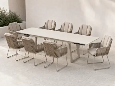 Tuintafel Manta 180 crème uitschuifbaar met 8x Carma Fauteuil creme, Vita tuinmeubelen, tuinmeubels.nl