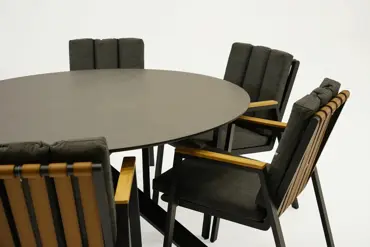 Tuintafel Rotonda met 6 Leather antraciet stoelen dichtbij, Vita, Tuinmeubels